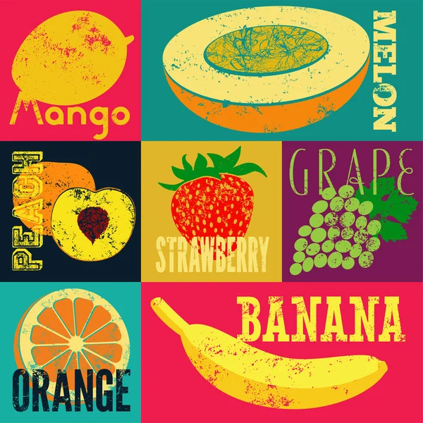 Affiche de fruits style Pop Art grunge. Collection de fruits rétro. Ensemble de fruits vectoriels vintage . — Image vectorielle