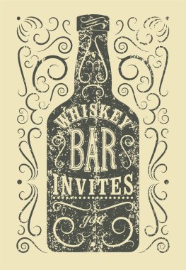 Tipografik retro grunge tasarım viski Bar poster. Vintage etiket stilize viski şişesiyle. Vektör çizim.