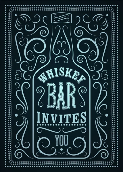 Poster tipografico dal design retrò Whiskey Bar. Etichetta vintage con bottiglia di whisky stilizzata. Illustrazione vettoriale . — Vettoriale Stock