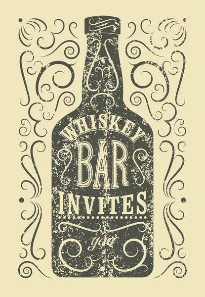Cartel de Whiskey Bar de diseño grunge retro tipográfico. Etiqueta vintage con botella de whisky estilizada. Ilustración vectorial . — Vector de stock