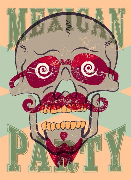 Cartaz tipográfico retrô grunge Partido Mexicano. Personagem de crânio engraçado com bigode e barba. Ilustração vetorial . — Vetor de Stock