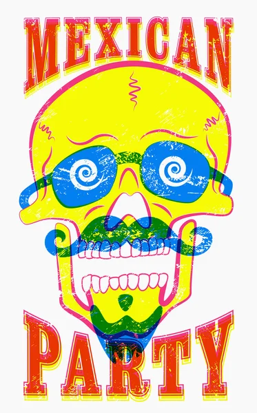 Cartaz tipográfico retrô grunge Partido Mexicano. Personagem de crânio engraçado com bigode e barba. Ilustração vetorial . — Vetor de Stock