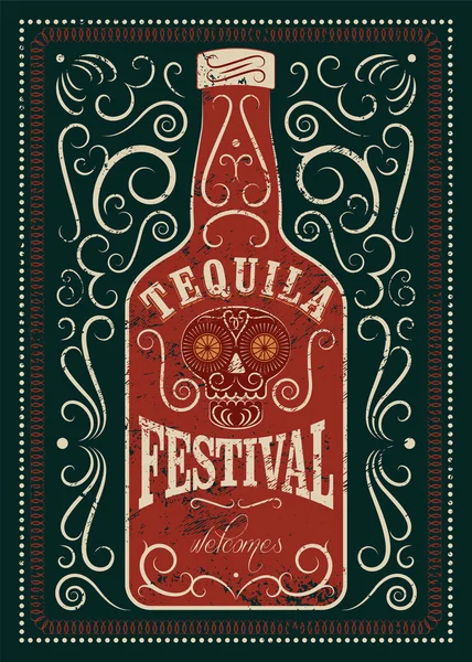 Typograficzne retro nieczysty projekt plakatu festiwalu Tequila. Butelka tequili z stylizowane meksykański czaszki. Ilustracja wektorowa. — Wektor stockowy