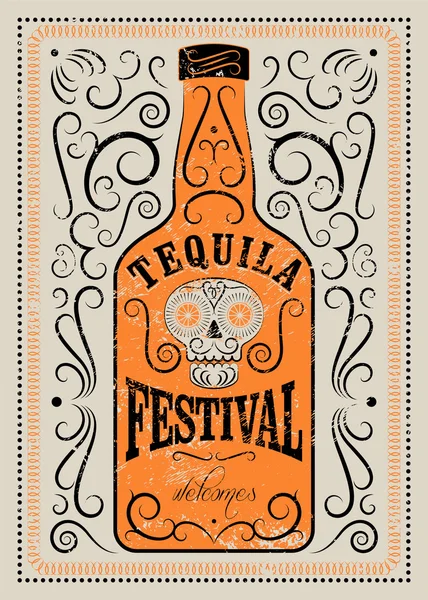 Design de grunge retrô tipográfico Cartaz do Festival de Tequila. Garrafa de tequila com crânio mexicano estilizado. Ilustração vetorial . — Vetor de Stock