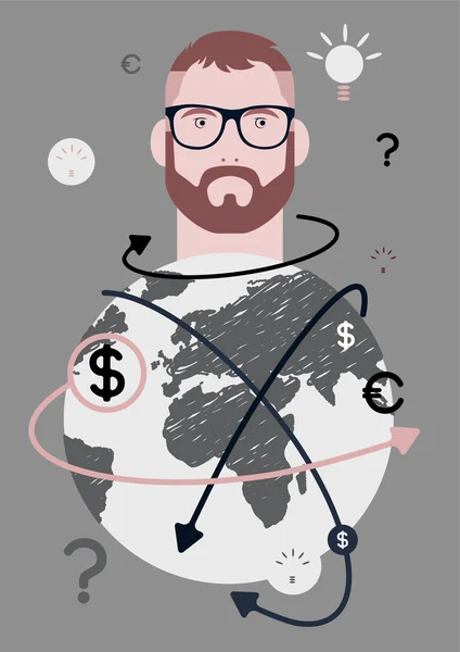 Empresário e mundo. Concept poster retro com um homem hipster. Ilustração vetorial . —  Vetores de Stock