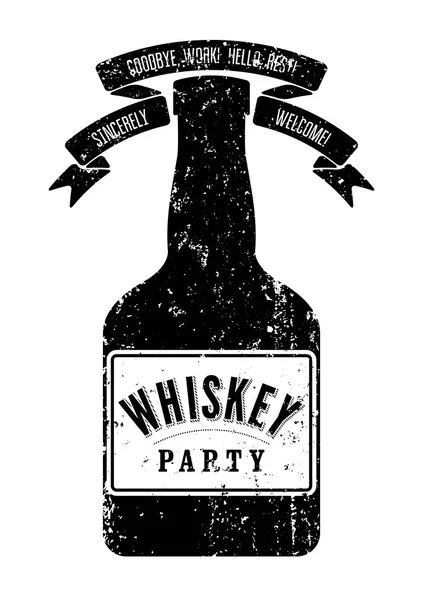 Poster tipografico retrò grunge design Whiskey Party. Etichetta vintage con bottiglia di whisky stilizzata. Illustrazione vettoriale . — Vettoriale Stock