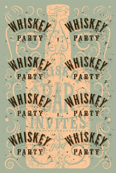 Typografische retro grunge ontwerp Whiskey partij poster. Vintage label met gestileerde whisky fles. Vectorillustratie. — Stockvector