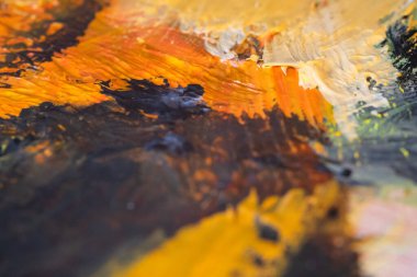 Evde rahatlamış bir sanatçının renkli yağlarıyla boya fırça ve palet.