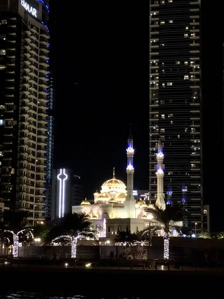 Mesquita Aterro Dubai Marina Noite — Fotografia de Stock
