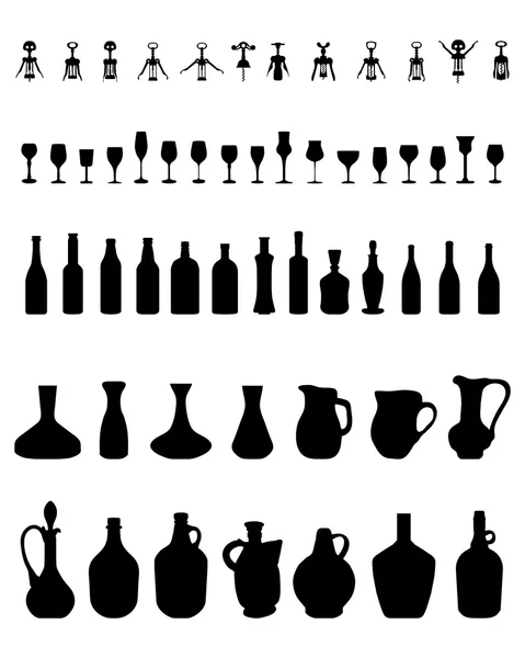 Bowls, bottles, glasses and corkscrew — Stock Vector