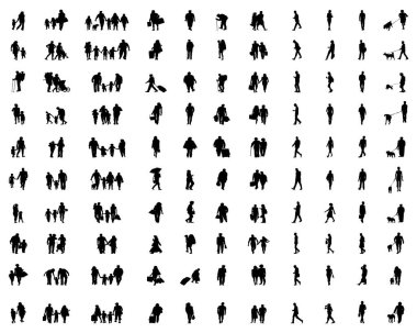 Beyaz arka planda yürüyen siyah aile siluetleri