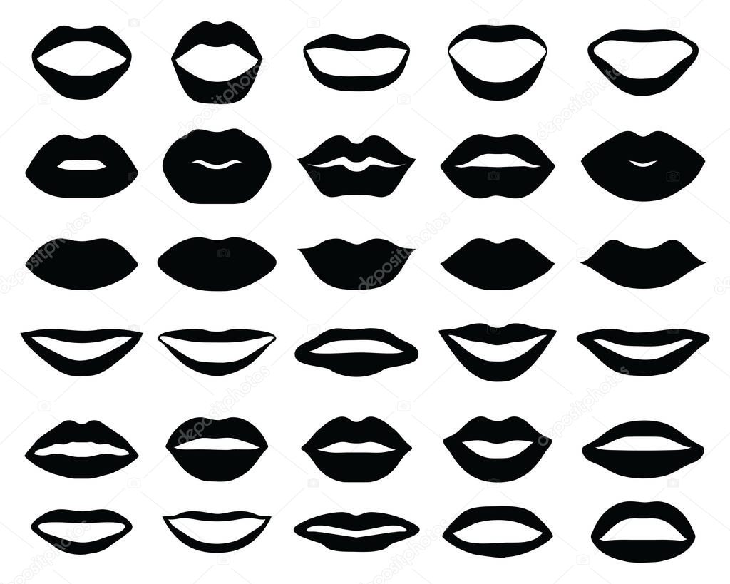 Black silhouettes of lips on a white background