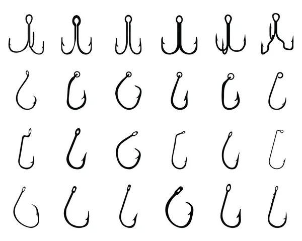 白色背景上不同鱼钩的黑色轮廓 — 图库矢量图片