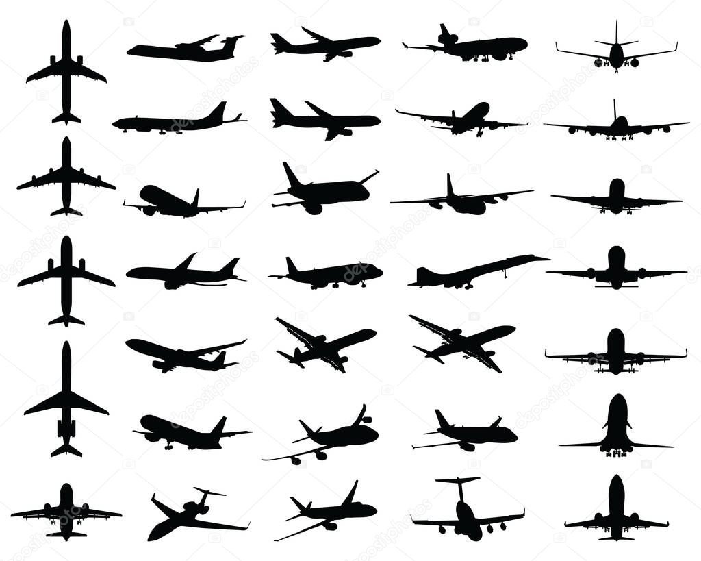 PrintBlack silhouettes of different aircrafts on a white background