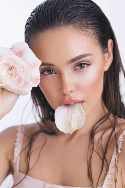 stock image Closeup face of an young beautiful woman with makeup and flower