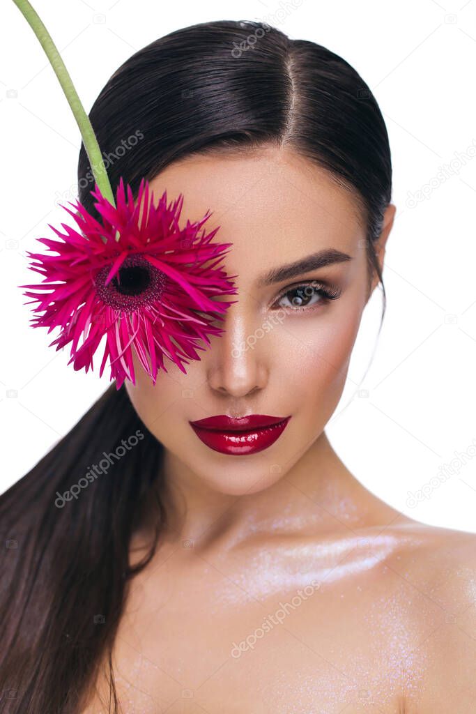 Beautiful woman portrait with makeup, studio background