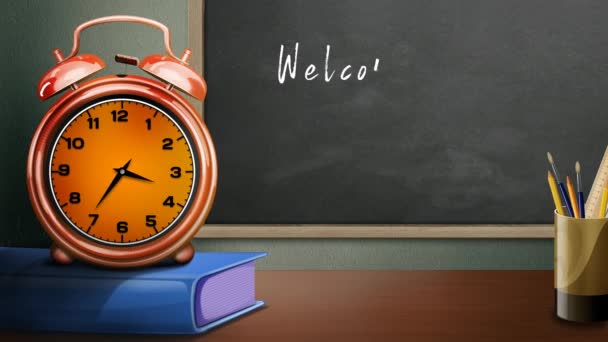 Welcome Back School Alarm Clock Writing Loop Apresenta Uma Sala — Vídeo de Stock