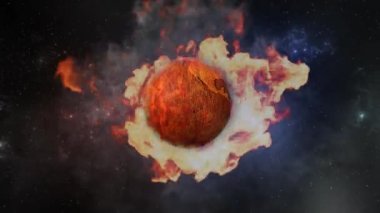 4K döngüsünde Alevli Küre Grunge kırmızı yanmış bir toprağı etrafında bir ateş çemberi ve bir döngü içinde uzay arkaplanı ile döner.