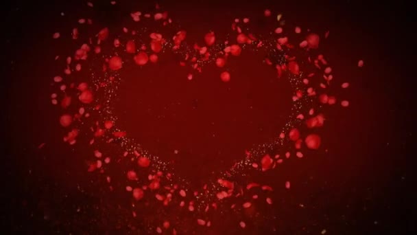 玫瑰花瓣心带着闪闪发光的4K环爆裂 其背景为深红色 爆裂的颗粒心带着玫瑰花瓣向观赏者循环流动 — 图库视频影像