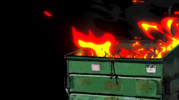 垃圾箱消防卡通片 看黑色4K圈 的特点是 垃圾箱顶部有一个手绘火苗 其黑色背景在一个循环中出现 — 图库视频影像