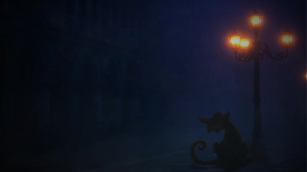 ブラック アレー キャット ランプポスト4Kループは ループ内の霧と霧の中でランプポストの下に座っている黄色の目を点滅させる黒い猫を備えています — ストック動画