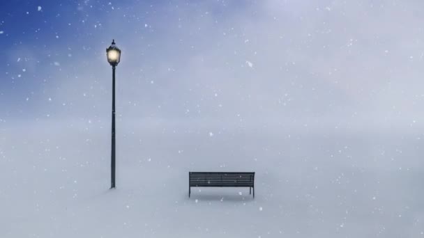 Bench Lamp Post Dusk Snow Loop Features Bench Next Glowing — Stock Video