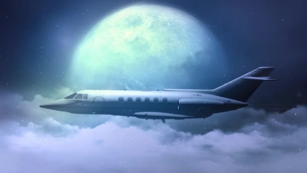 Jet Plane Flying Moon Loop Features Jet Flying Clouds Front — Stock Video