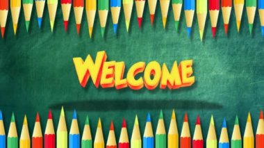 Okulun Renkli Kalem Arkaplan 4K döngüsüne Hoşgeldiniz. Ekranda renkli renkli kalemler yer alıyor. Okul metnine canlandırılmış bir döngü içinde tekrar hoş geldiniz. 
