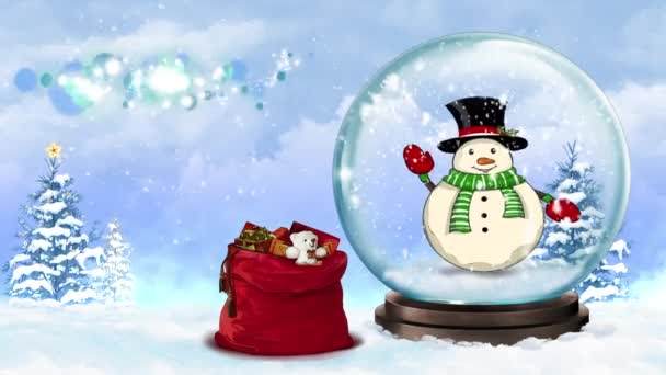 Acenando boneco de neve em um globo de neve Feliz Natal — Vídeo de Stock