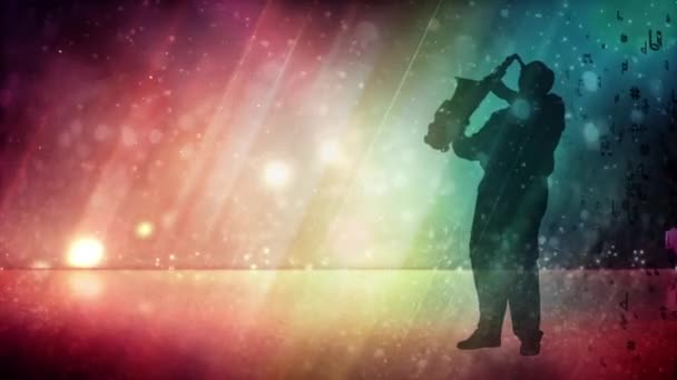 Saxophone Playing Silhouette with Glitter Rainbow Background — Stock Video