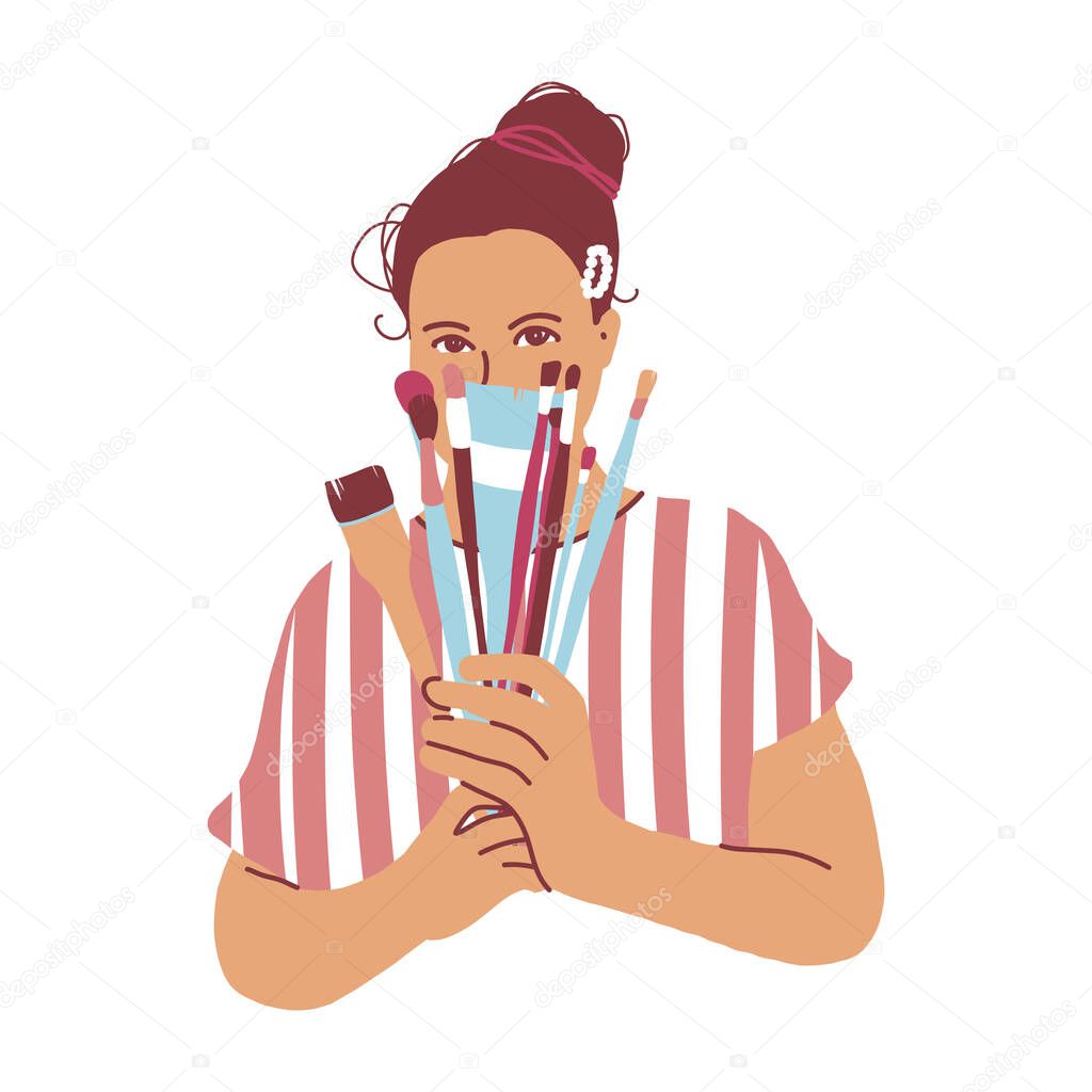 Woman artist draw flat vector illustration. Character female paint image isolated on white. Creative girl holds in hands painting brushes. Serious neutral female artist. 