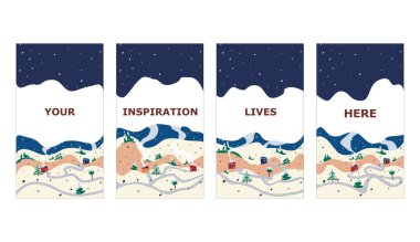 Kış vektörü. Sosyal medya postası ve hikayeleri için evler vektör çizimleri olan kış manzaraları, reklam ve afişler için kapak, duvar kağıdı tasarımı. Düz, basit, çizgi film.