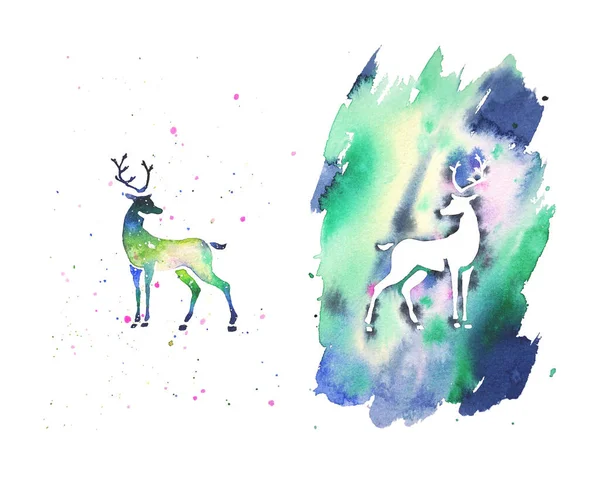 Watercolor Abstract Splashes Silhouettes Pair Deers Hand Drawn Illustration — Stock Photo, Image