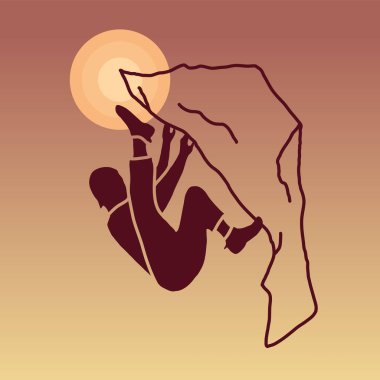 Dağcı silueti ve bir kaya vektörü çizimi. Kaya tırmanışı rozeti. EPS 10