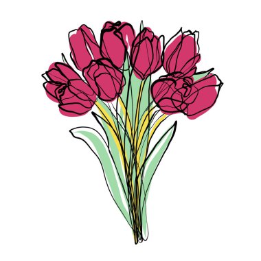 Lale desenli illüstrasyon, çiçek vektör çizimi, karalama. Çiçekler bir tane sürekli çizgi çizimi, renk noktaları. Bekar bahar selamlaması.