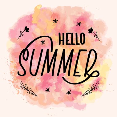 Merhaba yazı harfleri, el yazısı kartı. Vektör selamlama illüstrasyonu. Suluboya arka planda elementleri olan siyah metin. EPS 10