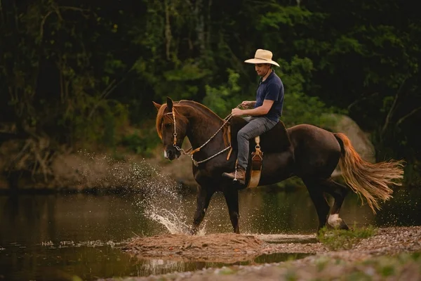 White man riding a horse inside a river, wearing a straw hat, with his horse in a saddle and throwing water into the air.