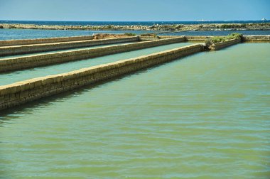 Taş kaplı buharlaşma göletleri ve geleneksel tuz toplama için kullanılan dar su kanalları, Saline di Trapani e Paceco Doğa Rezervi, Sicilya, İtalya, Avrupa.
