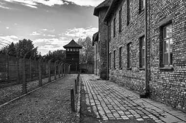 Toplama kampı gözetleme kulesi ve elektrikli dikenli teller.