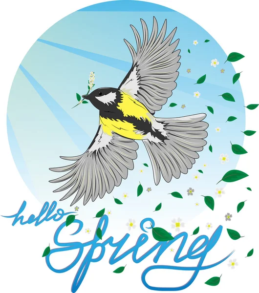  Temanın vektör illüstrasyonu Merhaba ilkbahar, kuş-civciv