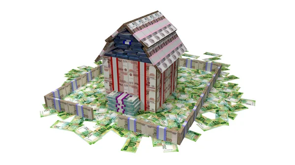 Banknotlardan evler inşa edilmesinin 3D Sanat-Soyut çizimi