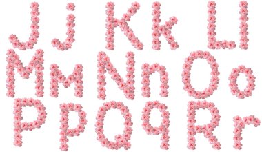 Pembe gül çiçeklerinden İngilizce alfabe, J, K, L, M, N, O, P, Q, R, kolaj harfi.