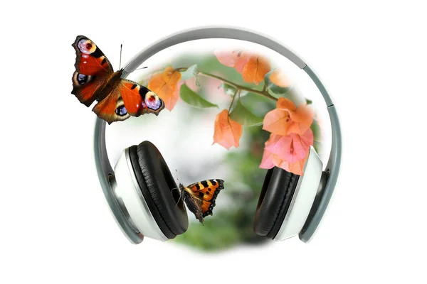 Słuchawki Dwoma Motylami Siedzącymi Tle Kwiatów Bougainvillea Miękkim Rozmytym Kolażu — Zdjęcie stockowe