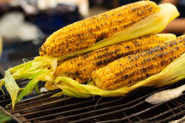 Asya 'da bir caddede ızgarada pişmiş taze taze mısır, seçici fokus, yakın çekim..