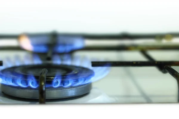 Kitchen gas stove with burning gas flame close up.