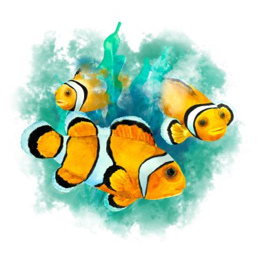 Soyut, yeşil bir zemin üzerinde tropikal resif balığı Palyaço Balığı (Amphiprion ocellaris) bulunur. El çizimi suluboya çizimi.