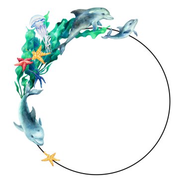 Yunuslar, deniz yosunları, denizanaları ve deniz yıldızlarıyla çevrili yuvarlak bir çerçeve. Tasarım için alanı kopyala. El çizimi suluboya çizimi.