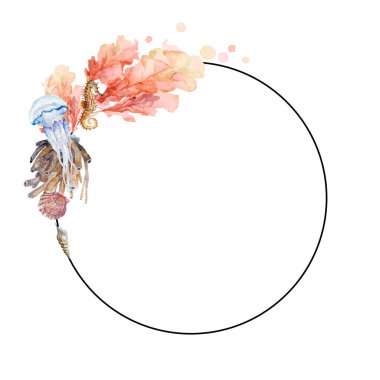 Su altı resif elementlerinin yuvarlak iskeleti, mercan, yosun, deniz atı, denizanası ve kabuk. Tasarım için alanı kopyala. El çizimi suluboya çizimi.