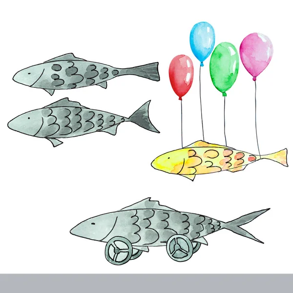 Set of funny grey fish and yellow fish flying on multicolored balloons. Hand drawn watercolor illustration.