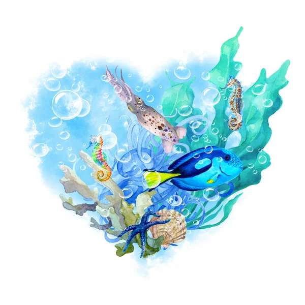 Abstrakcyjne Serce Błękitnej Wody Bąbelkami Powietrza Podwodna Rafa Wodorostami Koralowcami — Zdjęcie stockowe